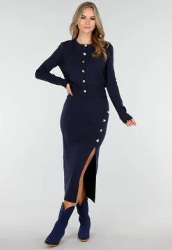 Donkerblauwe Knitted Set met Knopen en Split in de Rok