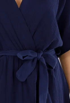 Donkerblauwe Linnenlook Jurk met Ceintuur en Overslag V-Hals
