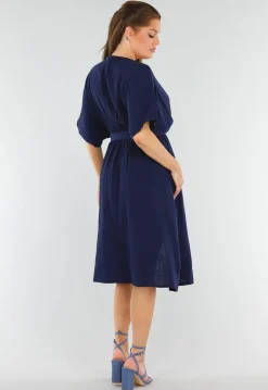 Donkerblauwe Linnenlook Jurk met Ceintuur en Overslag V-Hals