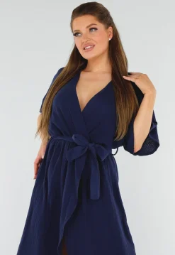 Donkerblauwe Linnenlook Jurk met Ceintuur en Overslag V-Hals