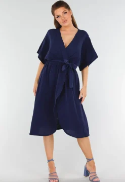 Donkerblauwe Linnenlook Jurk met Ceintuur en Overslag V-Hals
