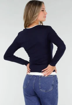 Donkerblauwe Longsleeve Top met V-Hals en Witte Boorden