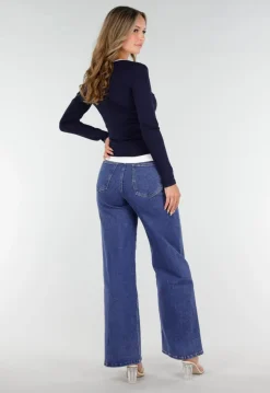 Donkerblauwe Longsleeve Top met V-Hals en Witte Boorden