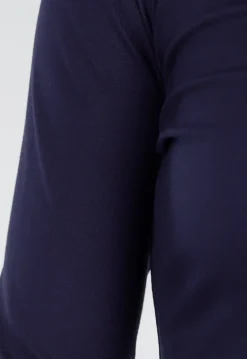 Donkerblauwe Longsleeve Top met V-Hals en Witte Boorden