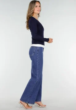 Donkerblauwe Longsleeve Top met V-Hals en Witte Boorden