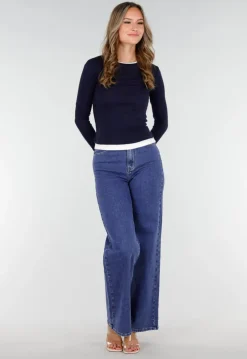 Donkerblauwe Longsleeve Top met Witte Boorden aan Hals en Mouwen