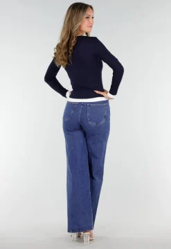 Donkerblauwe Longsleeve Top met Witte Boorden aan Hals en Mouwen