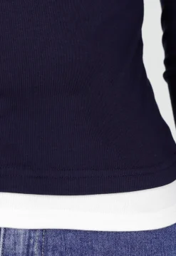 Donkerblauwe Longsleeve Top met Witte Boorden aan Hals en Mouwen