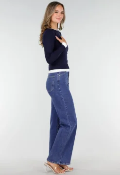 Donkerblauwe Longsleeve Top met Witte Boorden aan Hals en Mouwen