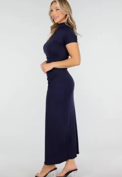 Donkerblauwe Maxi Jurk met Split en Colkraag
