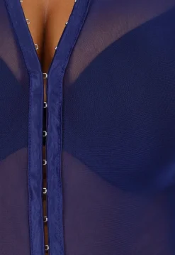 Donkerblauwe Mesh Bodysuit met Haaksluitingen