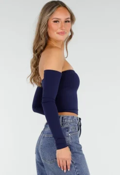 Donkerblauwe Off Shoulder Crop Top met Lange Mouwen