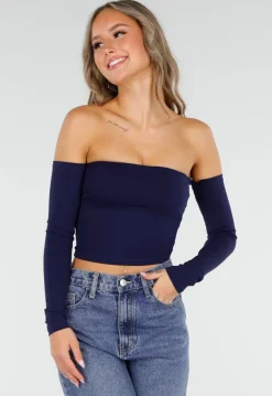 Donkerblauwe Off Shoulder Crop Top met Lange Mouwen