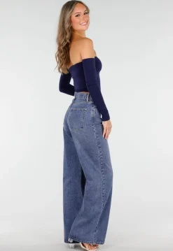Donkerblauwe Off Shoulder Crop Top met Lange Mouwen