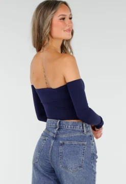 Donkerblauwe Off Shoulder Crop Top met Lange Mouwen
