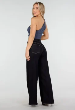 Donkerblauwe One Shoulder Body met Drapering in Mesh Stretch