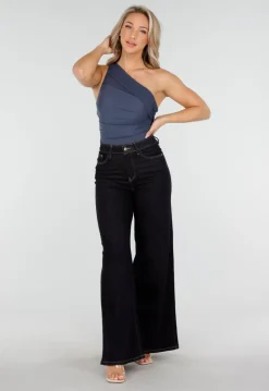 Donkerblauwe One Shoulder Body met Drapering in Mesh Stretch