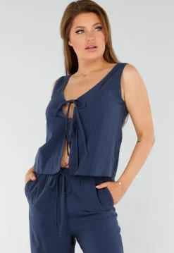 Donkerblauwe 2-Piece Set Met Wijde Broek en Strikdetails