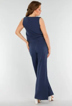 Donkerblauwe 2-Piece Set Met Wijde Broek en Strikdetails