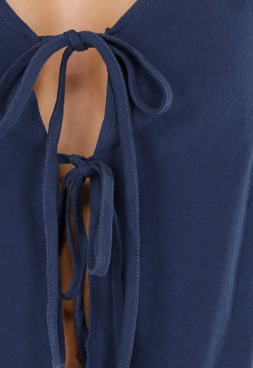Donkerblauwe 2-Piece Set Met Wijde Broek en Strikdetails