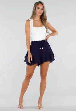 Donkerblauwe Ruffle Skort met Elastische Taille en Strikkoord
