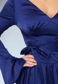 Donkerblauwe Satin Look Skater Jurk met Strikdetail