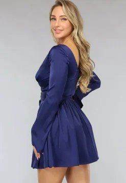 Donkerblauwe Satin Look Skater Jurk met Strikdetail