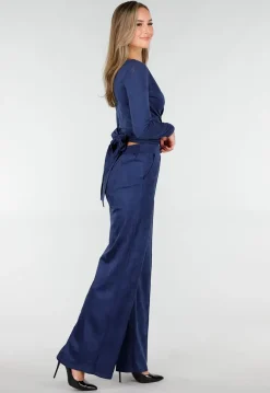 Donkerblauwe Straight Leg Suède Pantalon met Rechte Pijpen