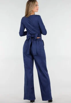 Donkerblauwe Straight Leg Suède Pantalon met Rechte Pijpen