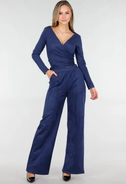 Donkerblauwe Straight Leg Suède Pantalon met Rechte Pijpen