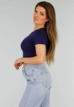 Donkerblauwe Stretch Cropped Top met Aansluitende Pasvorm