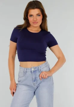 Donkerblauwe Stretch Cropped Top met Aansluitende Pasvorm