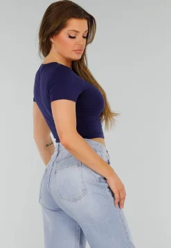 Donkerblauwe Stretch Cropped Top met Aansluitende Pasvorm