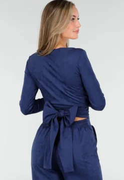 Donkerblauwe Suede Overslag Top met Stretch