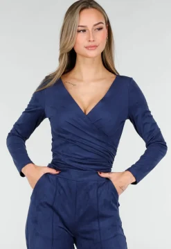 Donkerblauwe Suede Overslag Top met Stretch