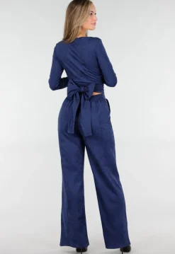 Donkerblauwe Suede Overslag Top met Stretch