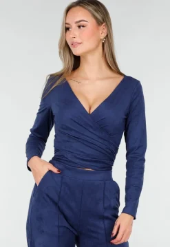 Donkerblauwe Suede Overslag Top met Stretch