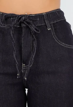 Donkerblauwe Wide Leg Jeans met Elastische Taille en Strikkoord