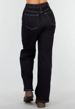 Donkerblauwe Wide Leg Jeans met Elastische Taille en Strikkoord
