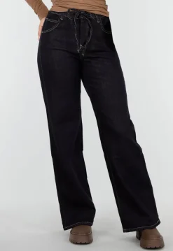 Donkerblauwe Wide Leg Jeans met Elastische Taille en Strikkoord