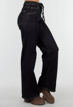 Donkerblauwe Wide Leg Jeans met Elastische Taille en Strikkoord