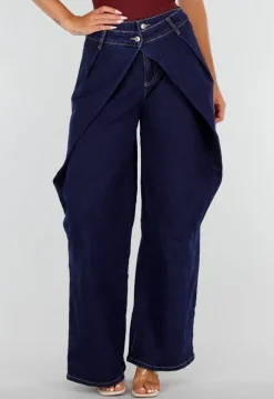 Donkerblauwe Wide Leg Jeans met Overslag Tailleband En Zakken