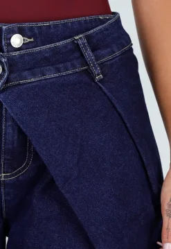 Donkerblauwe Wide Leg Jeans met Overslag Tailleband En Zakken
