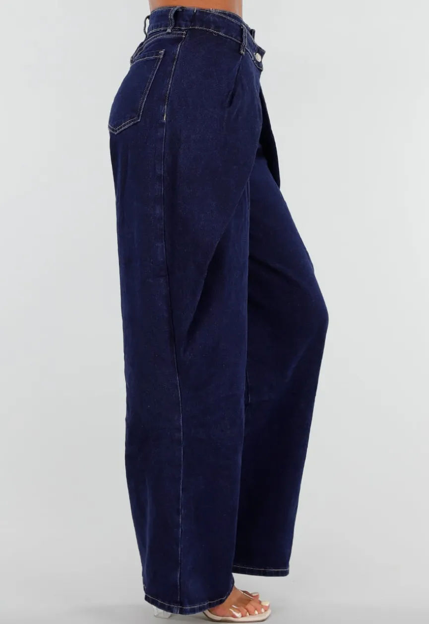 Donkerblauwe Wide Leg Jeans met Overslag Tailleband En Zakken