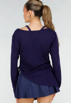 Donkerblauwe Zachte Longsleeve Top met Trekkoord en Wijde Mouwen