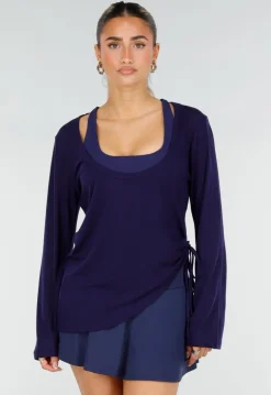Donkerblauwe Zachte Longsleeve Top met Trekkoord en Wijde Mouwen