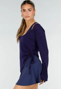 Donkerblauwe Zachte Longsleeve Top met Trekkoord en Wijde Mouwen