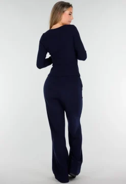 Donkerblauwe Zachte Stretch Top met Ronde Hals en Lange Mouwen