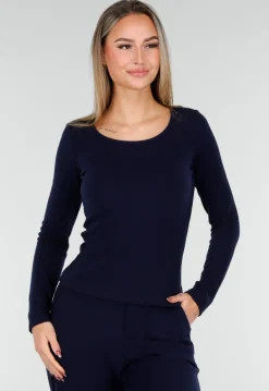 Donkerblauwe Zachte Stretch Top met Ronde Hals en Lange Mouwen