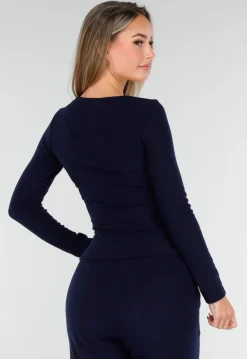 Donkerblauwe Zachte Stretch Top met Ronde Hals en Lange Mouwen